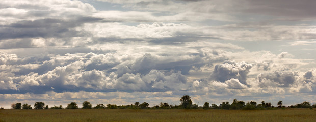 huge cumulus rain clouds and clouds in the sky in the sunshine above the field panorama 