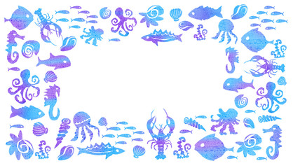 Fototapeta na wymiar Silhouettes of fish, a seahorse, jellyfish, mussels, crayfish, octopuses on a white background.