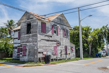 Miami, USA -July 5, 2019: Colorful and abandoned house
