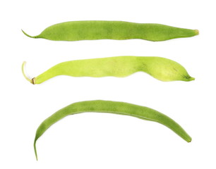 Set green string, dragon's tongue beans isolated on white background, top view