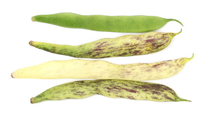 Purple  yellow string, dragon's tongue beans isolated on white background, top view