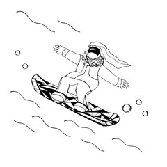 Girl riding a snowboard. Hand drawn black outline vector illustration with long hair sportwoman, snow and snowflakes. Isolated design element on white background.
