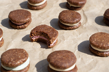 Raw vegan cookies Oreo. Healthy desserts, close up