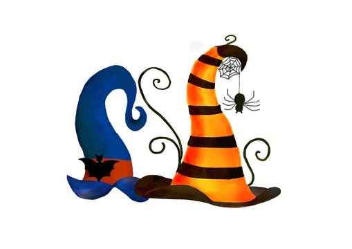 Halloween witch hats, bright and colorful design. Digital hand draw and paint in cartoon style, isolate image.