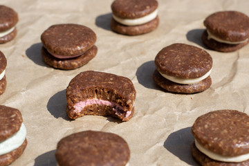 Raw vegan cookies Oreo. Healthy desserts, close up