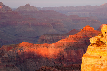 Colorful canyon ridges in last light of day from Hopi Point in Grand Canyon National Park, Arizona.