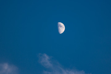 Moon closeup on blue sky.