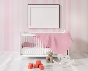 Mock up interior. A children's room with a crib and toys. Blank frame on the wall for photos or lettering. Pink decor. 3D rendering.