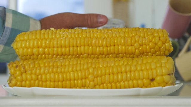 Image with Delicious Hot Boiled and Salted Corn Prepared in the Kitchen