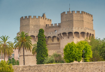 Fototapeta premium The Serrans Gate or Serranos Gate, one of the twelve gates that formed part of the ancient city wall, the Christian Wall (Muralla cristiana), of the city of Valencia, Spain.