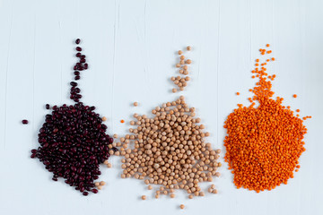  Trendy concept of multicolor beans including red kidney, chickpea, lentil. With space for text