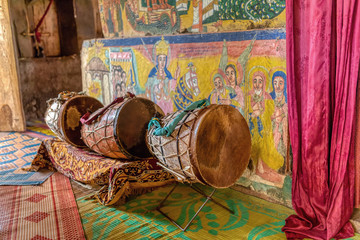 Ceremonial drum covered with cow skin. Zege Peninsula in Lake Tana. UNESCO Ura Kidane Mehret Church, monastery from 14th century.