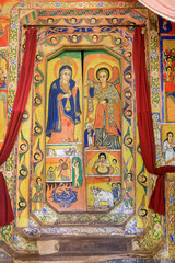 Painted frescoes in UNESCO Ura Kidane Mehret Church, monastery from 14th century by the saint Betre Mariyam in lake Tana, Bahir Dar, Ethiopia