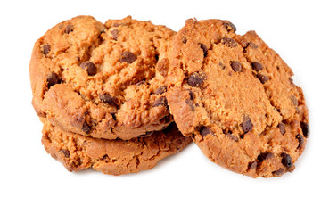 Chocolate oatmeal chip cookies isolated on white background.
