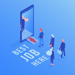 Best job here isometric vector illustration. Employment service, recruitment agency mobile application isolated 3d color clipart. Unemployed people searching job on Internet, using smartphone app