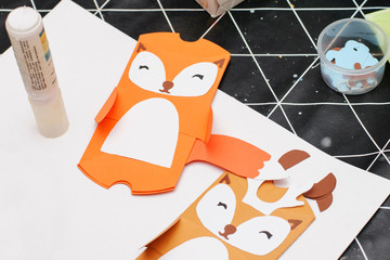 DIY concept.Craft Christmas cards of fox and deer, children's fakes, master class.