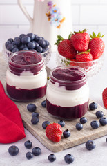 Yogurt and Berry Puree in a Glass Jar for Breakfast