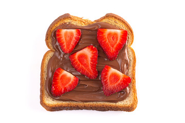 Toast with Chocolate Hazelnut Spread and Strawberries on a White Background