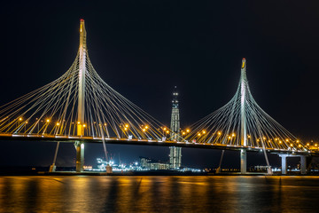 view of the cable-Stayed bridge of the Western high-speed diameter and the tower of the business...