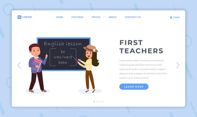 First teachers landing page flat template. English classes and foreign language courses website homepage layout. Tutor pointing at blackboard, native speaker holding books cartoon color characters