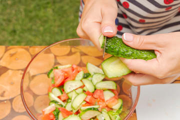 Preparation of salad of fresh vegetables and herbs