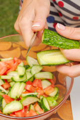 Preparation of salad of fresh vegetables and herbs