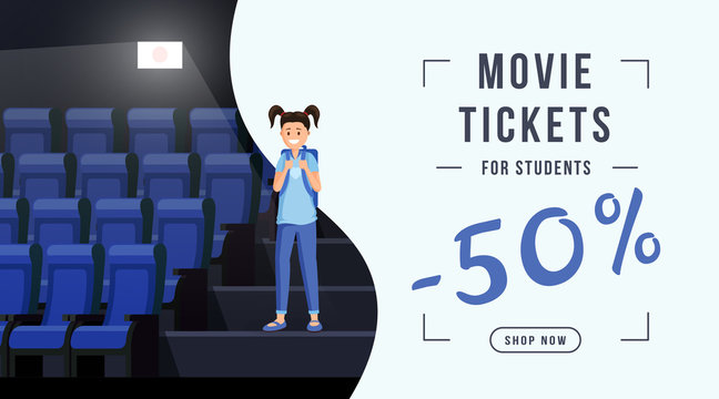 Movie tickets sale web banner template. Schoolkid visiting cinema with 50 percent ticket cost discount. Movie theater special price offer for college, university students, promo coupon, flyer design