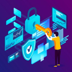 Vector concept illustration -  man with key and lock, Data Protection. Modern bright banner template with place for your text.