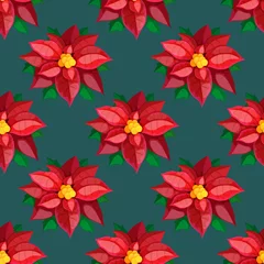 Poster Christmas and new year seamless red Poinsettia pattern on a dark background. Christmas Star pattern. Vector Christmas texture for textile, wrapping, fabric, wallpapers and other surfaces. © Natallia