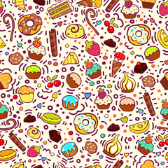 Sweet seamless pattern with cupcakes, sweets, ice-creams, cookies. Pastry seamless pattern. For birthday card, menu, package, textile, fabric, wrapping, wallpaper.
