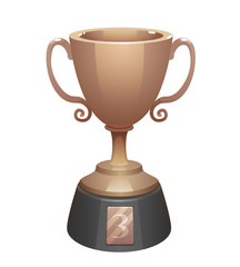 Bronze cup trophy award with base. Prize for the third place. Shiny trophy on white background.