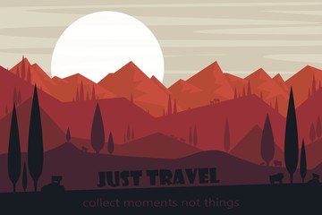 Vector landscape. Minimalist style. Silhouettes of the mountains, slopes, relief and forest. Panoramic image.
