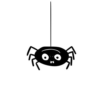 Scary black spider hanging with teeth sketch cartoon vector illustration. Isolated on white background.