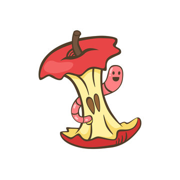 Red apple core with worm cartoon isolated vector. Apple stump with worm vector illustration. 