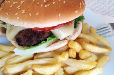 Hamburger and french fries close-up
