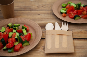 paper cardboard dishes with vegetable salad tomatoes cucumbers with wooden devices fork knife horse