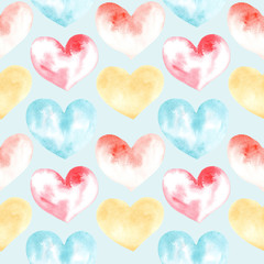 Illustration of a watercolor drawing seamless pattern of shapes of hearts on the background. Silhouettes of shapes of hearts on the background.