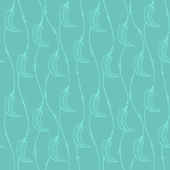 boho pattern curve feather jewelry seamless ornament , wave striped lines with feathers shape ,blue white kids , hand drawn vector illustration wallpaper background for print textile 