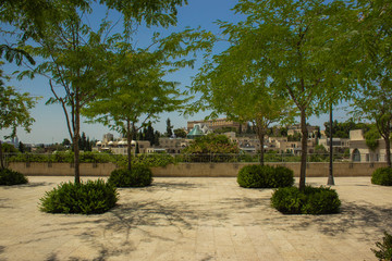 Jerusalem city landscape and landmark photography of park square green trees and building background in summer sunny colorful weather 