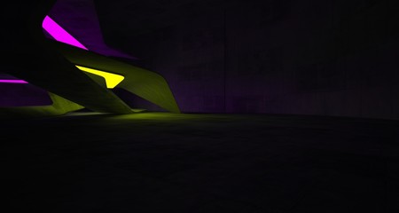 Abstract architectural concrete smooth interior of a minimalist house with color gradient neon lighting. 3D illustration and rendering.