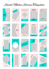 Social media stories template. Set of 20 story layout for bloggers and SMM. Mint green and pink pastel color palette. Editable web banners for mobile application. 