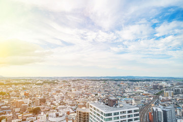 city skyline aerial view of Sendai in Japan