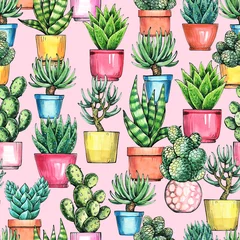 Glasschilderij Cactus in pot Floral illustration. Indoor plants seamless pattern. Hand drawing with watercolor and ink. Design for packaging, wallpaper and fabric.
