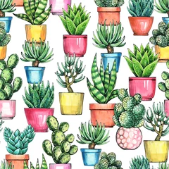 Raamstickers Cactus in pot Bloemen illustratie. Kamerplanten naadloos patroon. Hand tekenen met waterverf en inkt. Ontwerp voor verpakking, behang en stof.