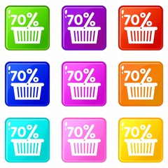 Basket seventy percent discount icons set 9 color collection isolated on white for any design