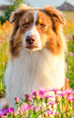 Curious australian shepherd sitting on the meadow full of pink flowers 