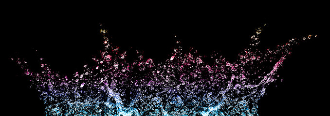 Panele Szklane  Rozpryski i krople wody na czarnym tle. Tęcza barwiona. Streszczenie lub obraz tła, selektywne focus. Transparent