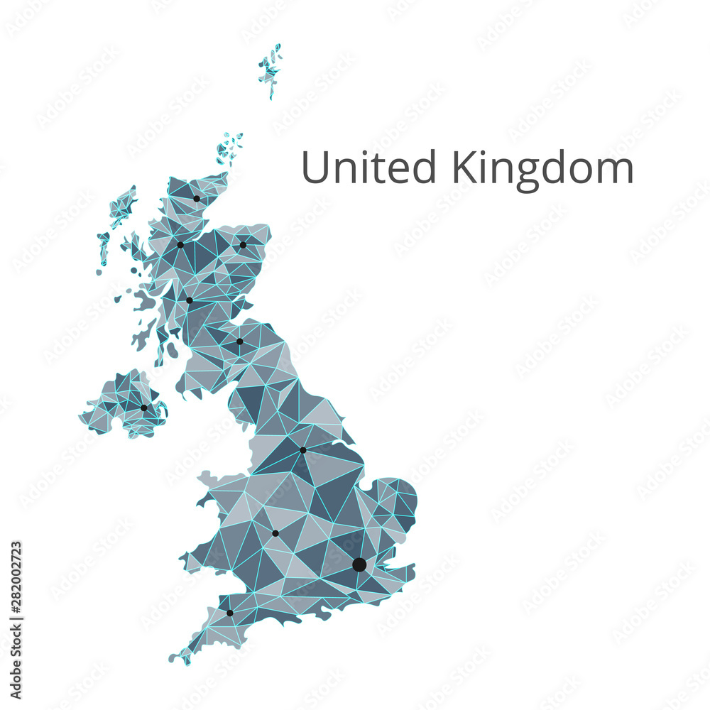 Poster united kingdom communication network map. vector low poly image of a global map with lights in the f