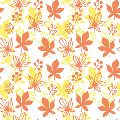 Simple autumn leaves seamless pattern on white background. Orange and yellow chestnut leaf with berries, hand drawn vector illustration.