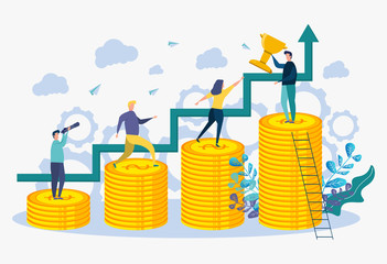 Colorful vector illustration, concept of achieving the vector business goal, winner with a golden cup in his hand, first place, number one, holiday.